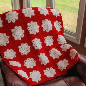 Afghan Red and White Snowflake Design